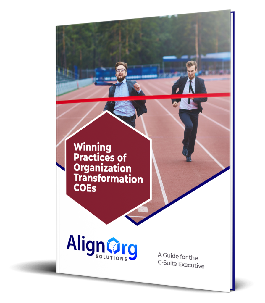 Angled view of AlignOrg Solutions' Organization Transformation COE Executive Guide