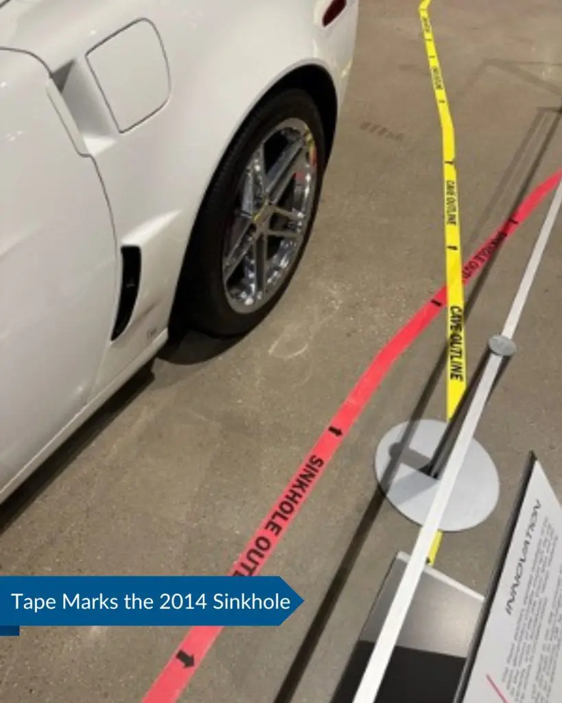 Tape shows where the ground collapsed in the National Corvette Museum