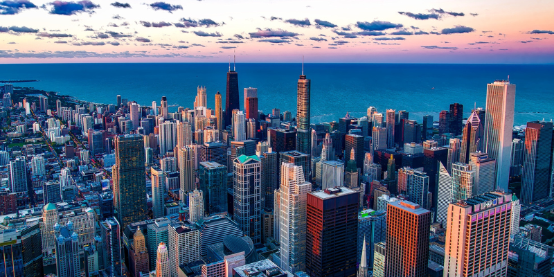 A photo of the Chicago skyline, location where AOS hosted a panel on organizational redesign.