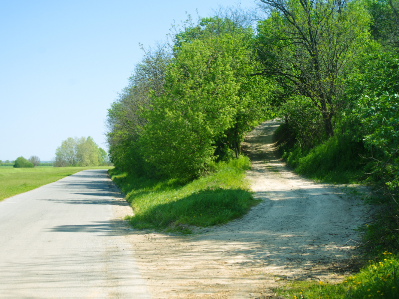 A photo of a shortcut that veers off from the main road.