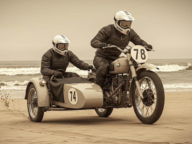 One person driving a motorcycle with another person in a sidecar.