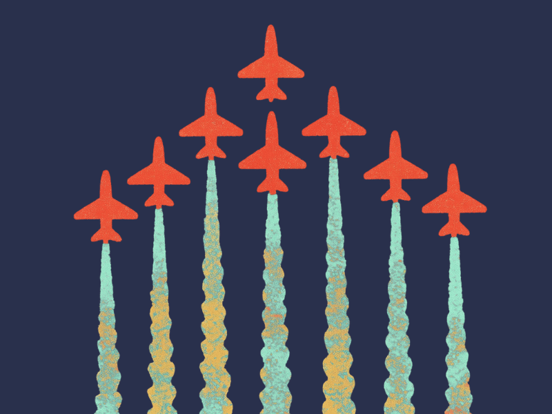 Airplanes in alignment, all traveling in the same direction.