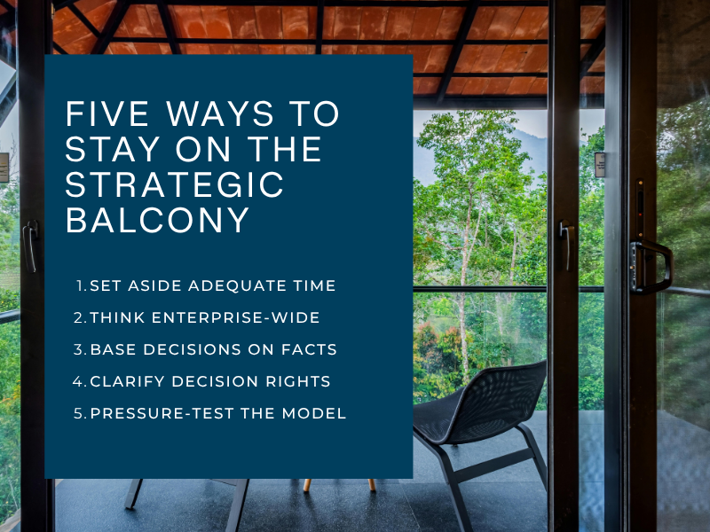 A picture of a balcony, with words overlayed on it that explain how to stay on the strategic balcony. 
