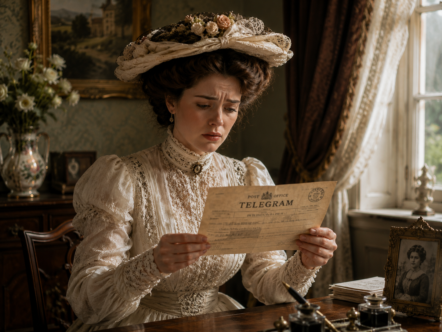 Concerned Edwardian woman reads a telegram